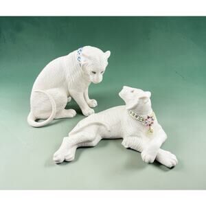 Lenox "Jeweled Elegance" Set of Two Bone China Tigers 6" long Jeweled Collars